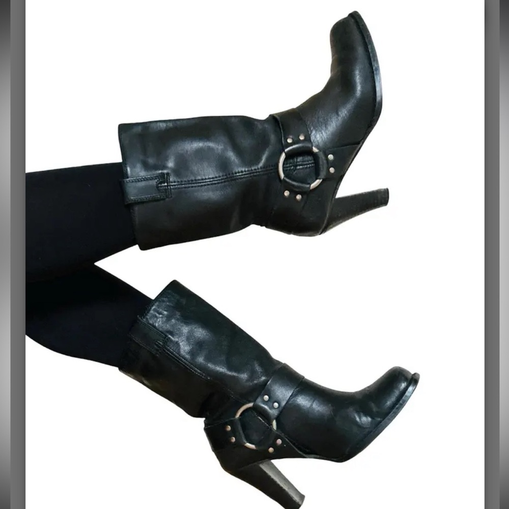 Vintage Y2K HARLEY DAVIDSON Black Leather Motorcycle High Heel Square Toe Boots